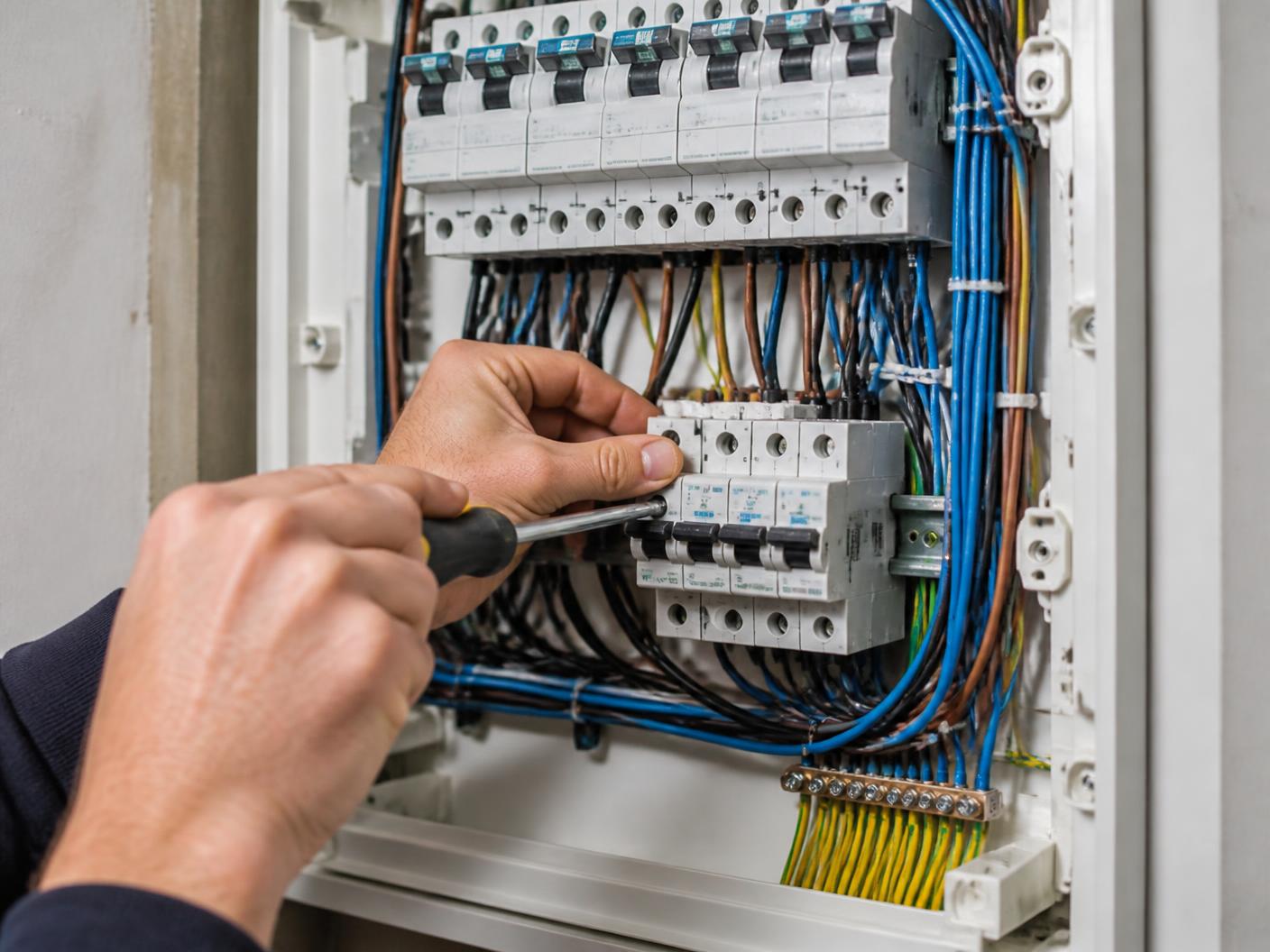 Elektrikář upravuje jističe v domovním rozvaděči